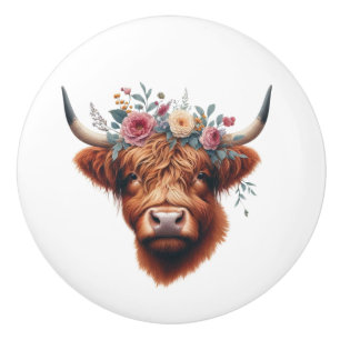 Cute, floral/spring highland cow ceramic knob
