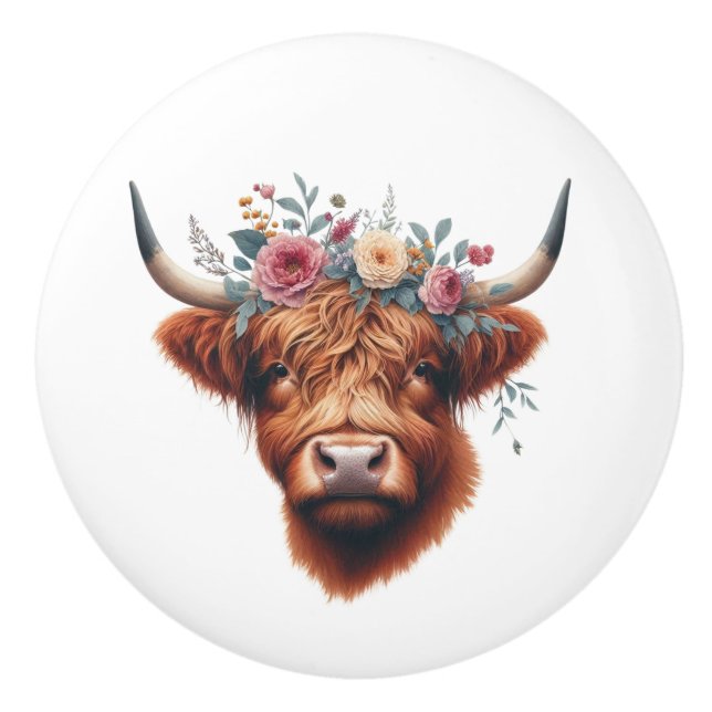 Cute, floral/spring highland cow ceramic knob (Front)