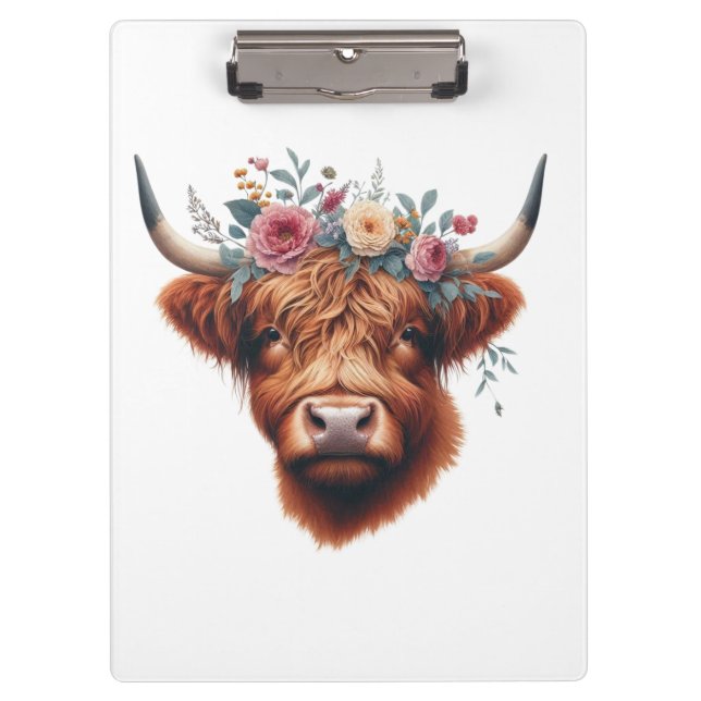 Cute, floral/spring highland cow clipboard (Front)