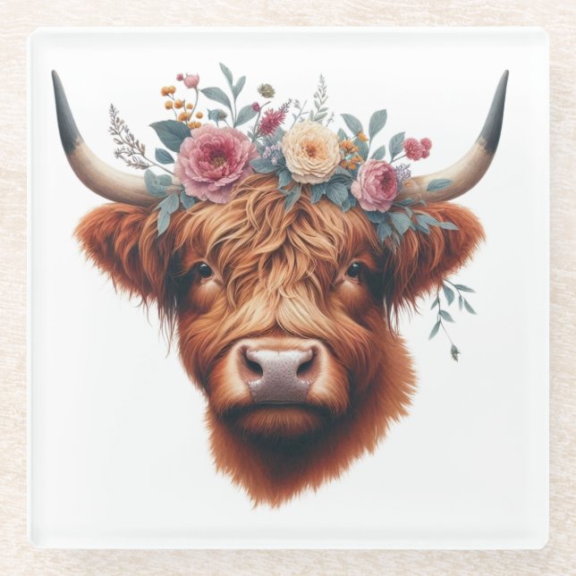 Cute, floral/spring highland cow glass coaster (Front)