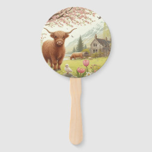 Cute, floral/spring highland cow hand fan