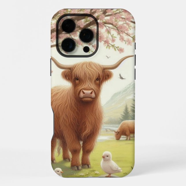Cute, floral/spring highland cow iPhone case (Back)