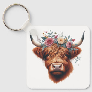 Cute, floral/spring highland cow key ring