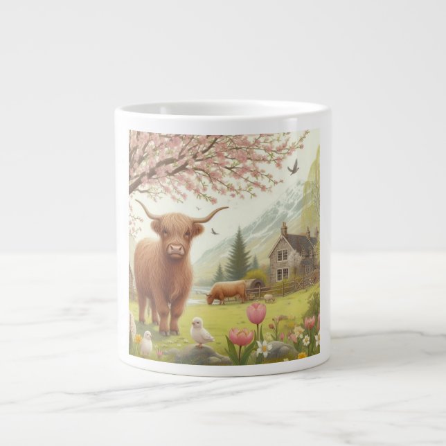 Cute, floral/spring highland cow large coffee mug (Front)