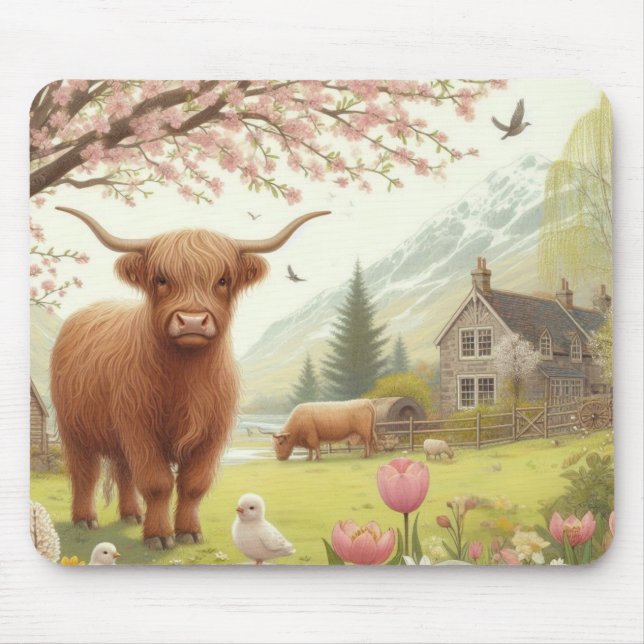 Cute, floral/spring highland cow mouse pad (Front)