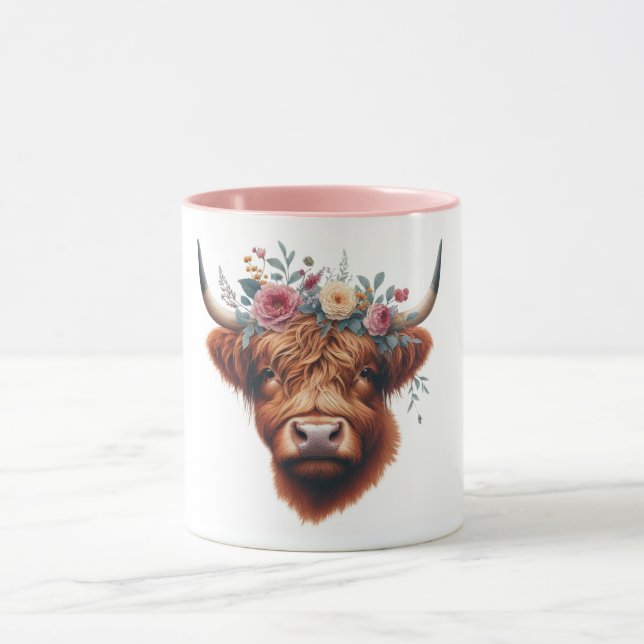 Cute, floral/spring highland cow mug (Center)