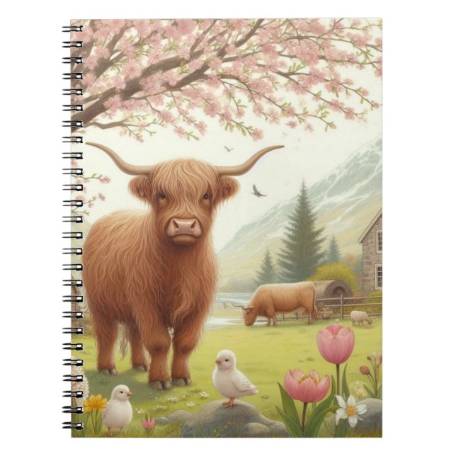 Cute, floral/spring highland cow notebook (Front)