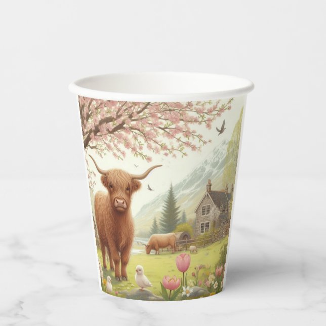 Cute, floral/spring highland cow paper cups (Front)