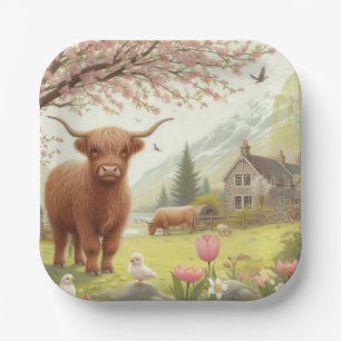 Cute, floral/spring highland cow paper plate