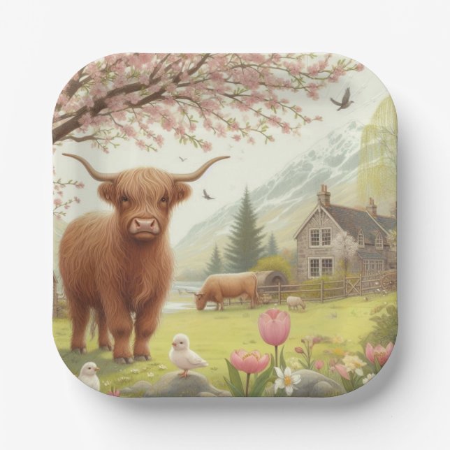 Cute, floral/spring highland cow paper plate (Front)