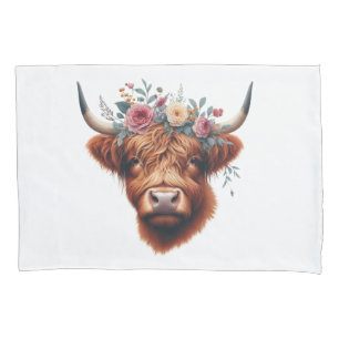 Cute, floral/spring highland cow pillowcase