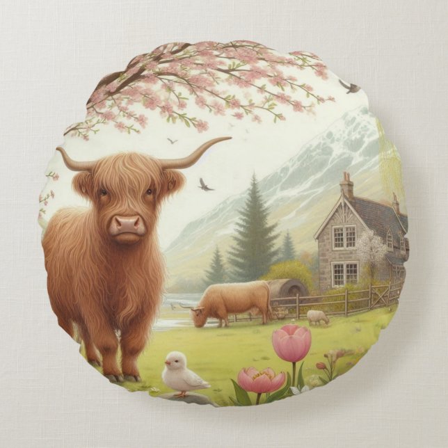 Cute, floral/spring highland cow round cushion (Front)
