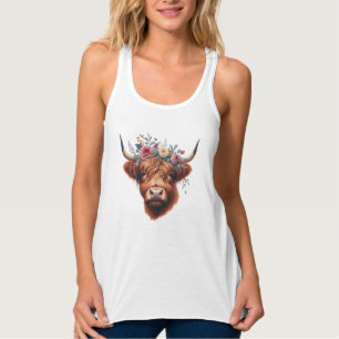 Cute, floral/spring highland cow singlet