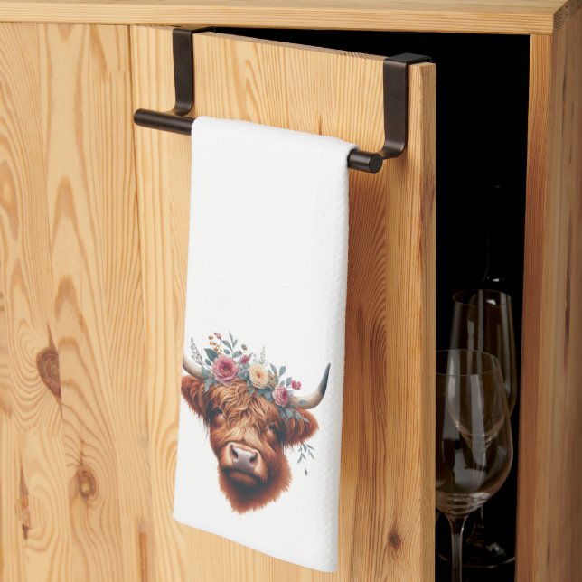 Cute, floral/spring highland cow tea towel (Thirds Fold)
