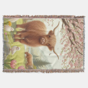Cute, floral/spring highland cow throw blanket