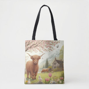 Cute, floral/spring highland cow tote bag