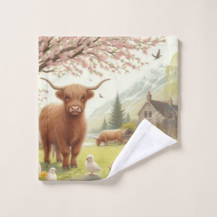 Cute, floral/spring highland cow wash cloth