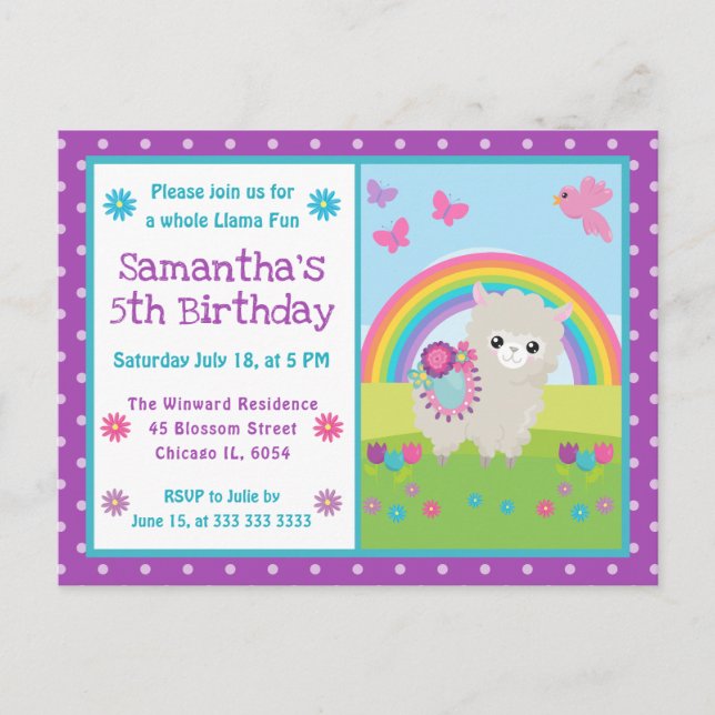Cute Floral Spring Llama & Rainbow Birthday Postcard (Front)