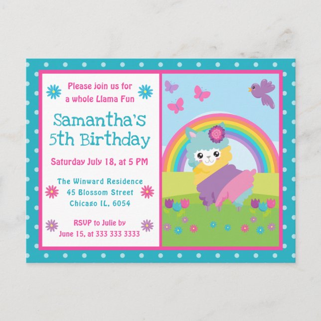 Cute Floral Spring Rainbow Llama Birthday Postcard (Front)