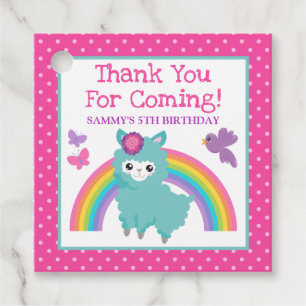 Cute Floral Spring Teal Llama & Rainbow Birthday Favour Tags
