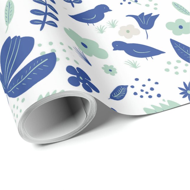 Cute Floral Spring Tulips & Birds Blue and Mint Wrapping Paper (Roll Corner)