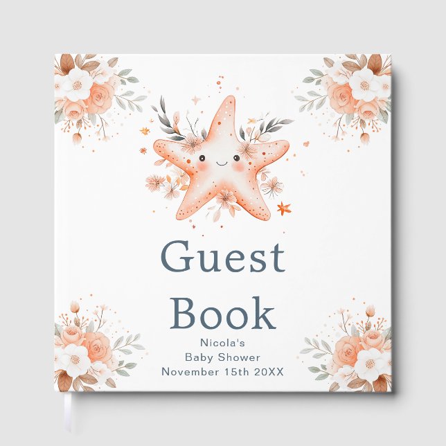 Cute Floral Starfish Baby Shower Guest Book (Front)