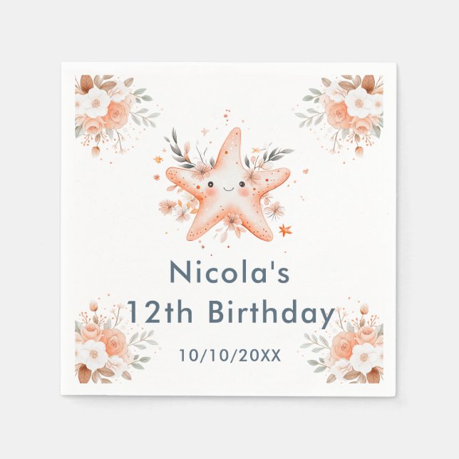 Cute Floral Starfish Birthday Party Napkin (Front)