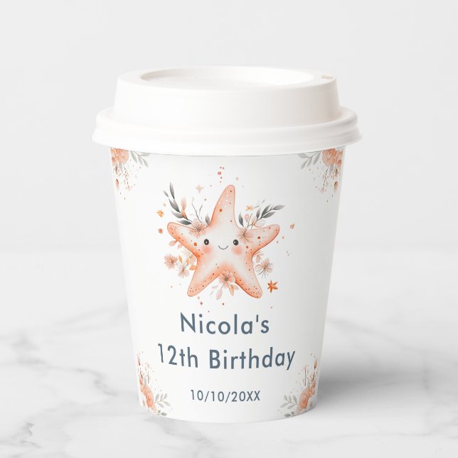 Cute Floral Starfish Birthday Party Paper Cups (Front)