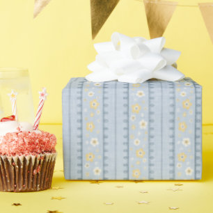 Cute Floral Stripes & Lace Border on Dusty Blue Wrapping Paper