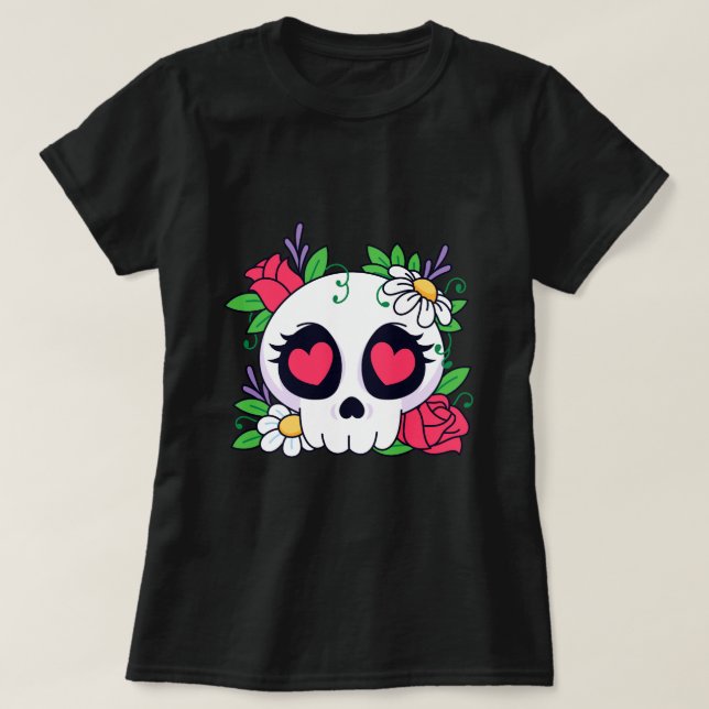 Cute Floral Sugar Skull T-Shirt (Design Front)