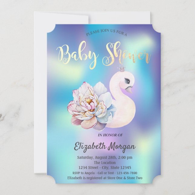 Cute Floral Swan Holographic Baby Shower Invitation (Front)