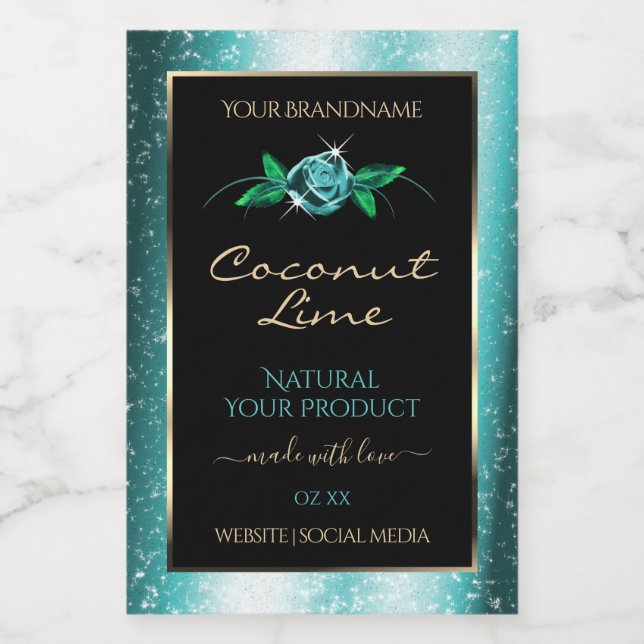 Cute Floral Teal Black Product Labels Soft Glitter (Single Label)