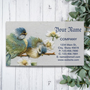 cute floral teal mint green embroidery bird business card