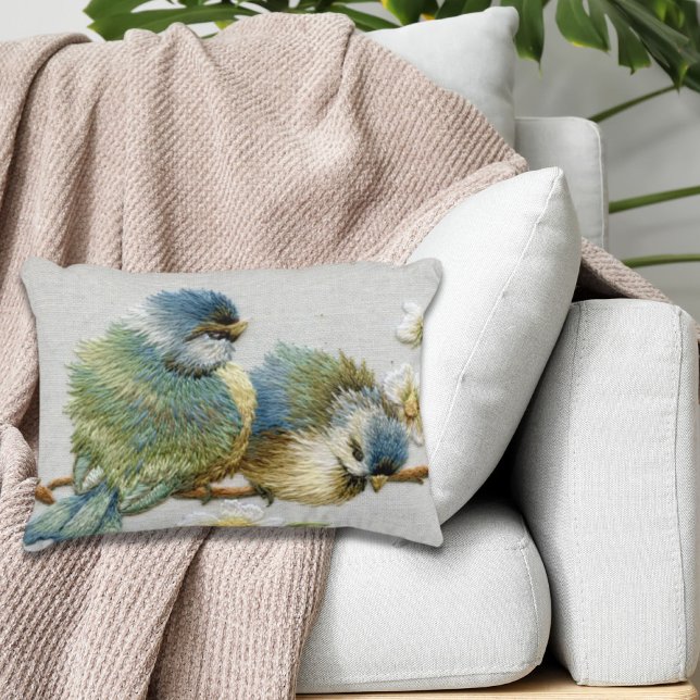 cute floral teal mint green embroidery bird decorative cushion (cute floral teal mint green embroidery bird accent pillow)