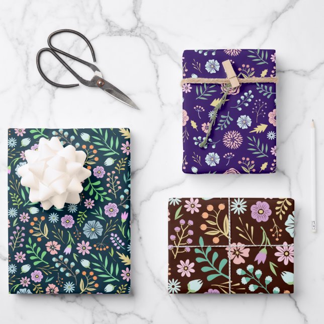 Cute Floral Teal Purple Brown Pink Boho Pattern Wrapping Paper Sheet