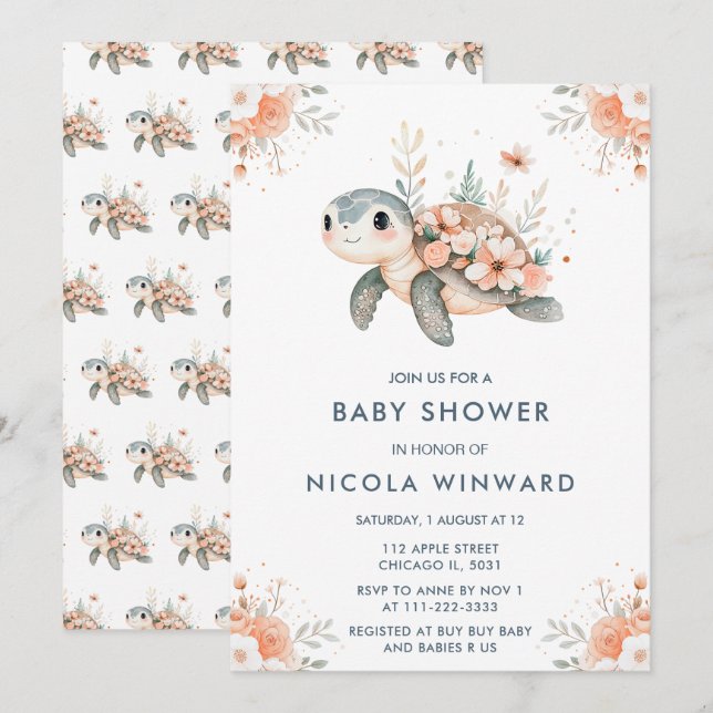 Cute Floral Turtle Baby Shower Invitation (Front/Back)