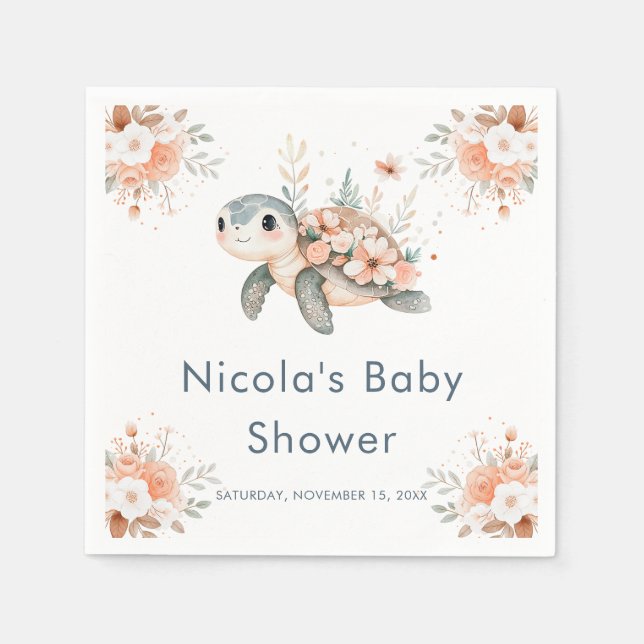 Cute Floral Turtle Baby Shower Napkin (Front)