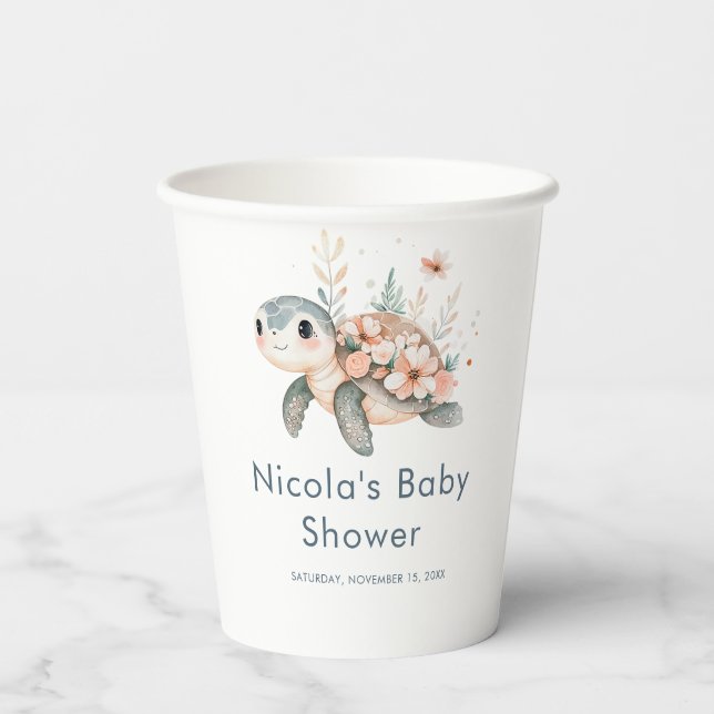 Cute Floral Turtle Baby Shower Paper Cups (Back)