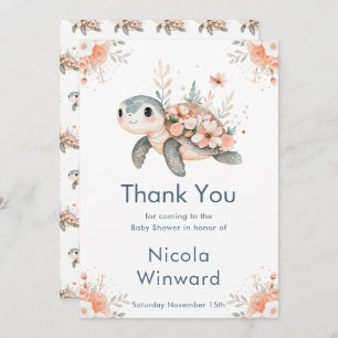 Cute Floral Turtle Baby Shower Thank You Card
