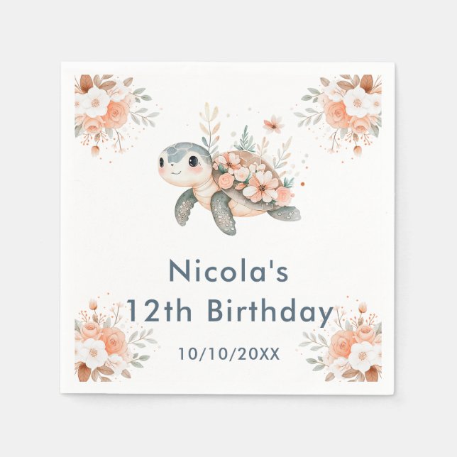 Cute Floral Turtle Birthday Party Napkin (Front)