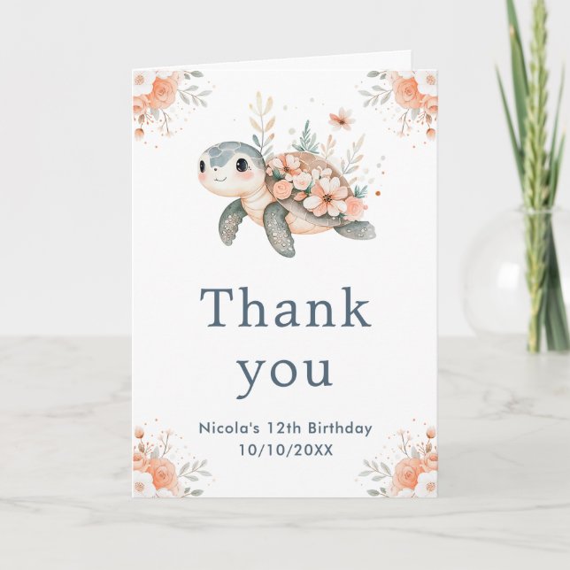 Cute Floral Turtle Birthday Party Thank You Card (Front)
