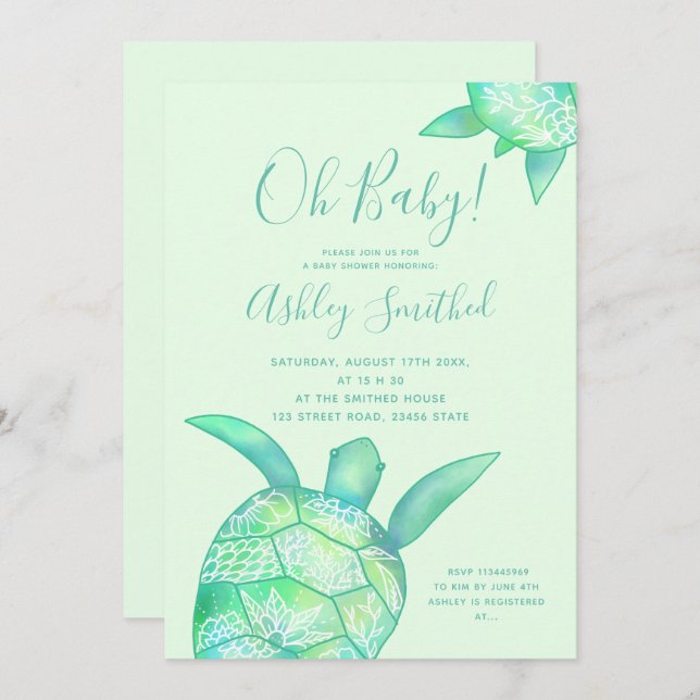 Cute floral turtle summer watercolor baby shower invitation (Front/Back)