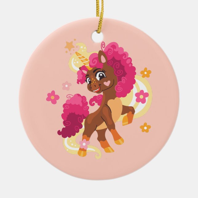  Cute floral unicorn Ceramic Tree Decoration (Front)