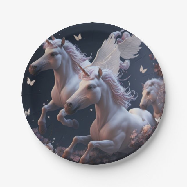 Cute floral Unicorns flying little pony   Paper Pl Paper Plate (Front)