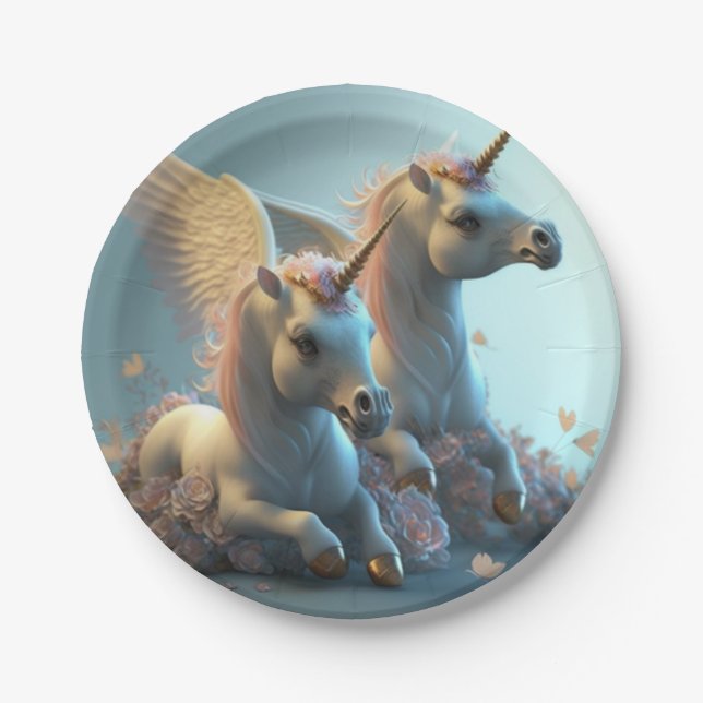 Cute floral Unicorns flying little pony  Paper Pla Paper Plate (Front)