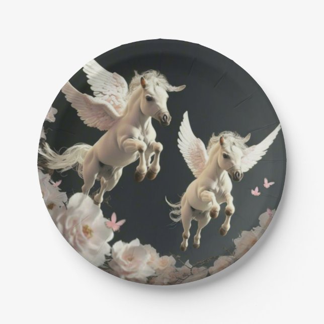 Cute floral Unicorns flying little pony  Paper Plate (Front)