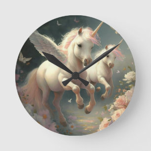 Cute floral Unicorns flying little pony   Round Cl Clock