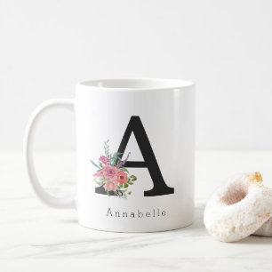 Cute Floral Watercolor Boho Pink Rose Monogram Coffee Mug