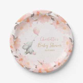 Cute Floral Watercolor Elephant with Balloon Paper Plate