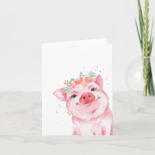 Cute Floral Watercolor Pig Card